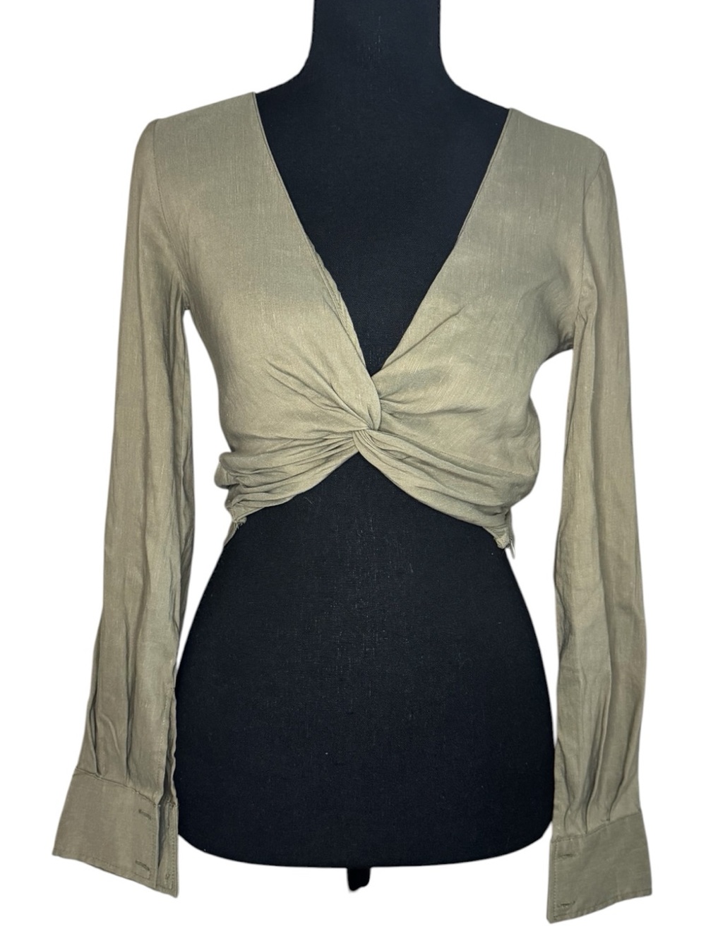 Zara Olive Twist-Front Long Sleeve Crop Top